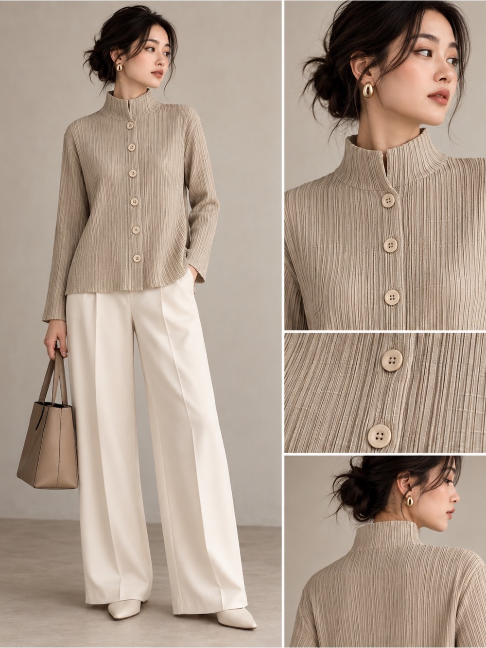 Japanese Pleated Button Front Cardigan Size F Beige Made in Japan Avant Garde M